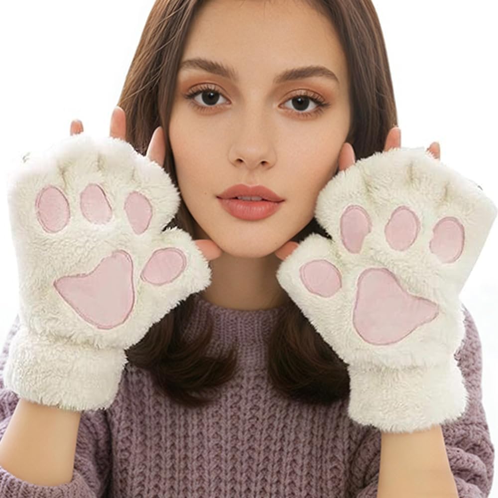 Cute Cat Paw Gloves Winter Soft Warm Fingerless Cosplay Faux Fur Plush Glove Kawaii Mitten for Women Girls
