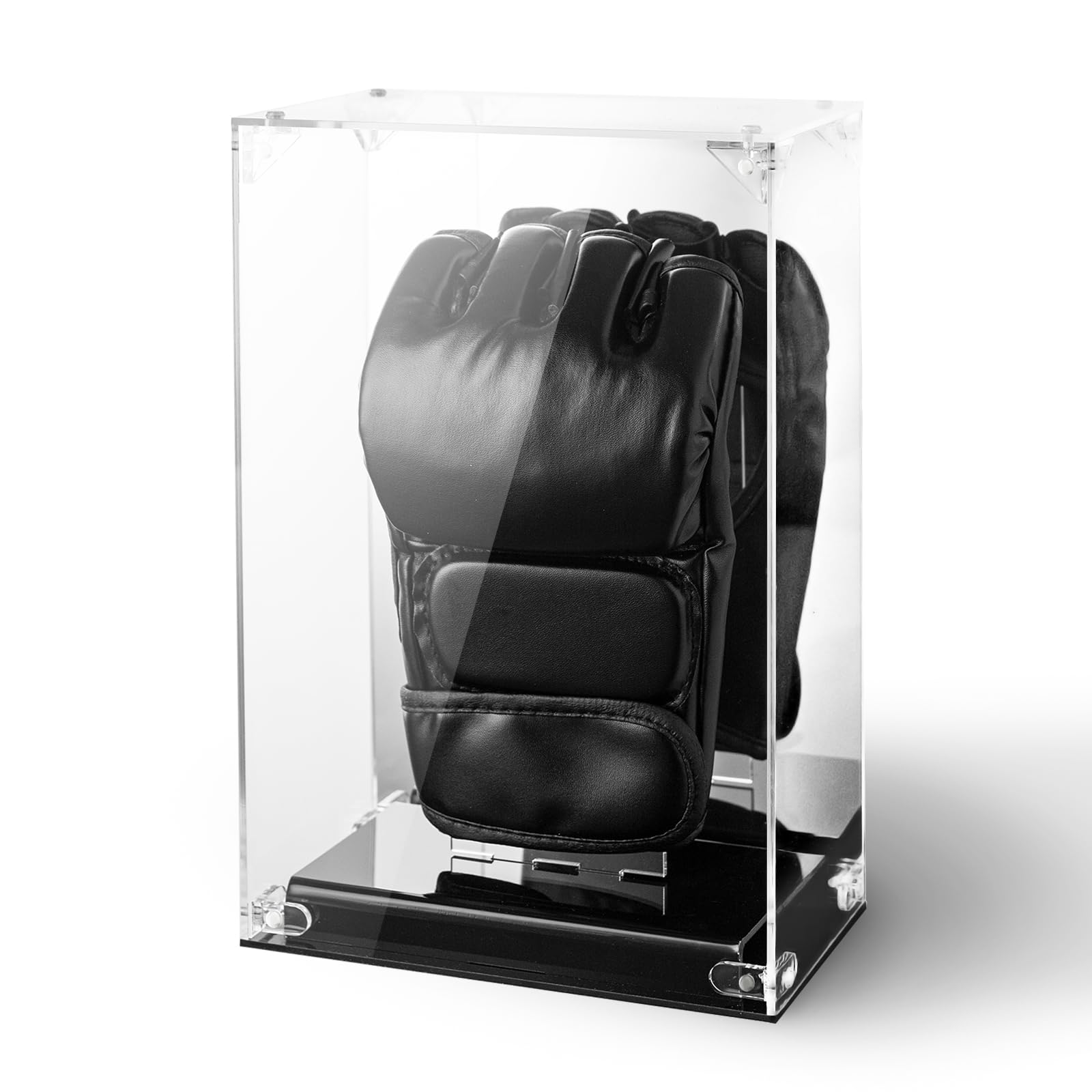 MMA Glove Display Case with Mirror Back, Single Holder, Acrylic Kickboxing Sparring Glove Half Finger Boxing Glove Display Case with Solid Base Stand, Watch The Video to Assemble