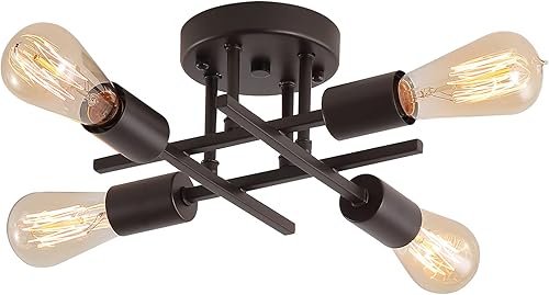 Lámparas de techo semiempotradas de 4 luces, color negro de mediados de siglo, moderno industrial de granja, lámpara de metal para entrada, pasillo,