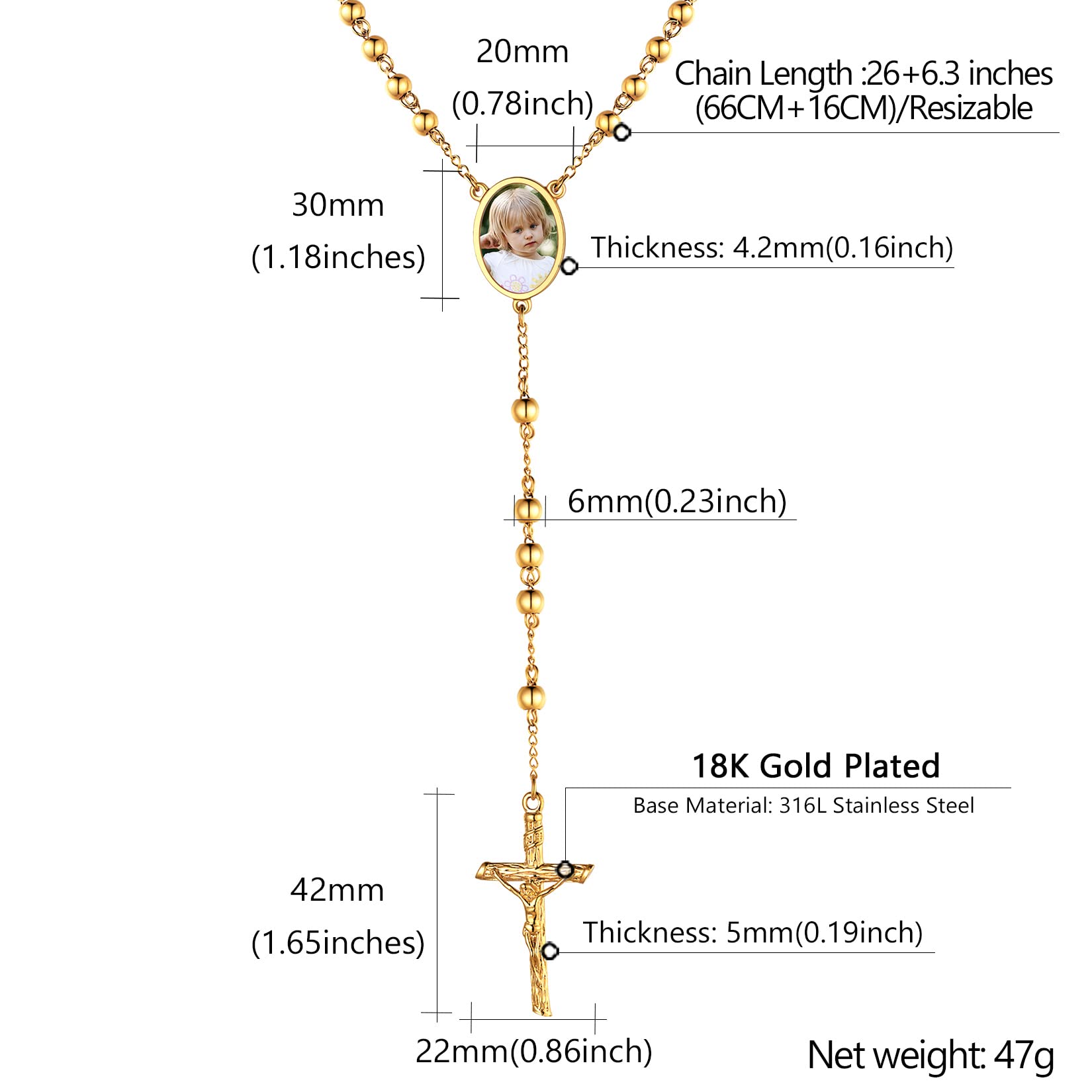 ChainsPro Rosenkranz Halskette Damen Herren Kreuz Kette Edelstahl Auto Rosenkranzkette Lange Gebetskette Halskettenanhänger Amulett Schmuck Rosary Necklace