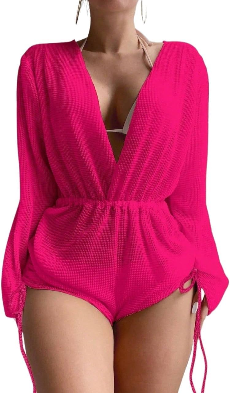 swimsuit coverup for women Summer Beach Drawstring Side Neck Cover Up Romper
