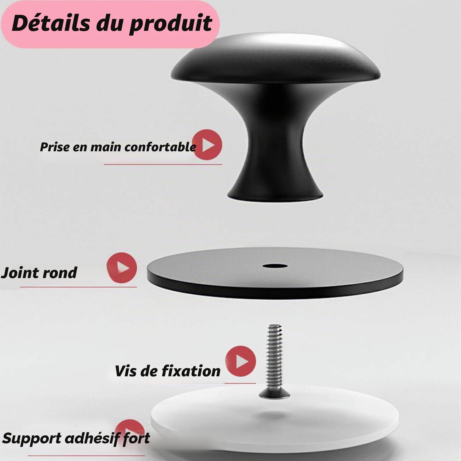 8 Pièces Rond Autocollante Boutons d'Armoire, Noir Poignée de Meuble Poignée pour Tiroir Sans Percage, Rond Bouton de Meubles autocollante Poignet de Tiroir Autocollante