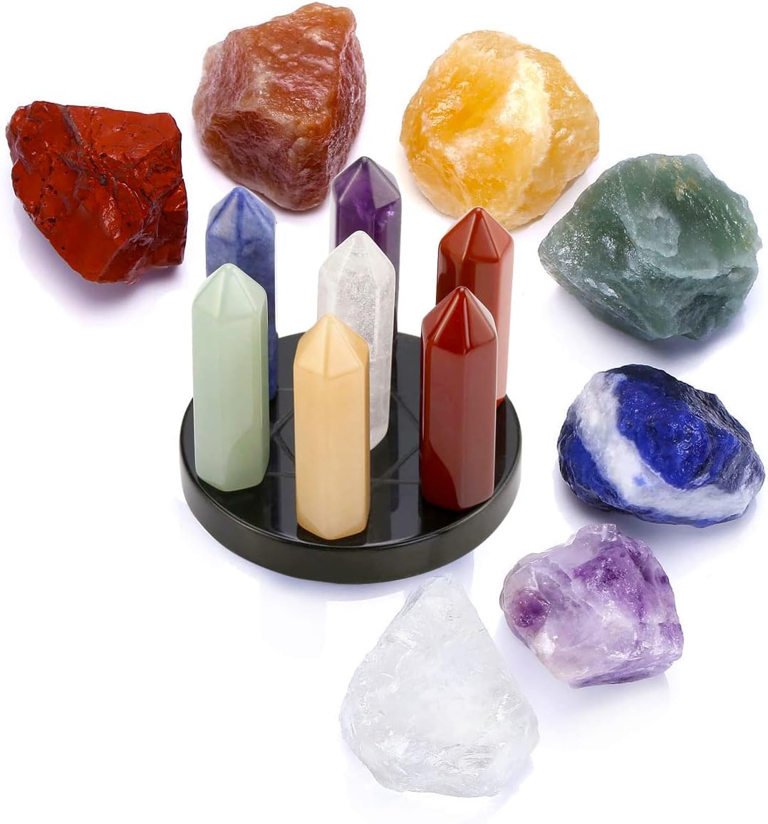Top Plaza 7 Chakra Reiki Healing Yoga Meditation Balance Irregular Shape Rough Gemstones Kit and 7 Star Group Quartz Crystal Wands Statue Figurines Array with Obsidian Stand Set