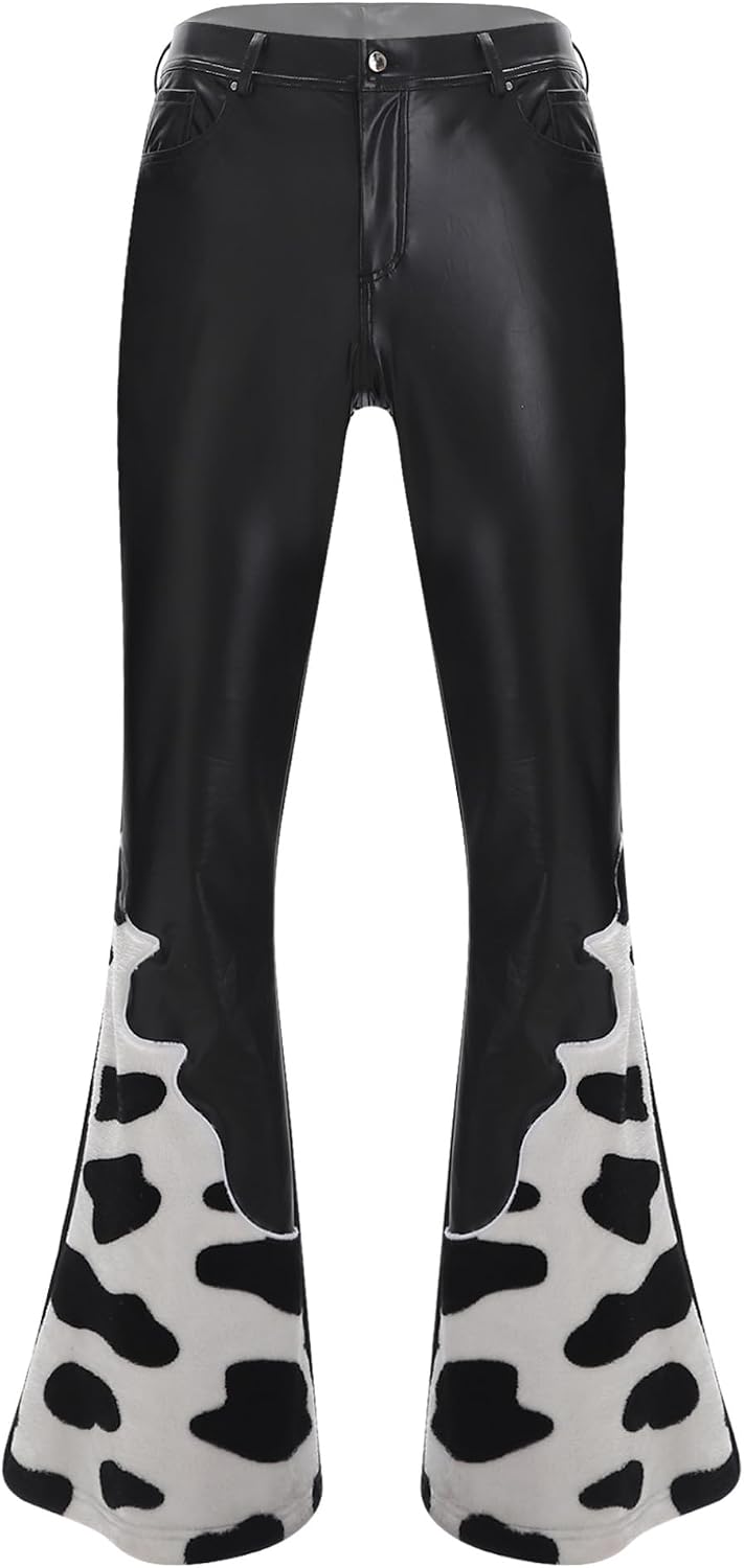 Hularka Mens Western Cowboy Faux Leather Bell Bottoms Cow Spot Print Patchwork Flared Pants