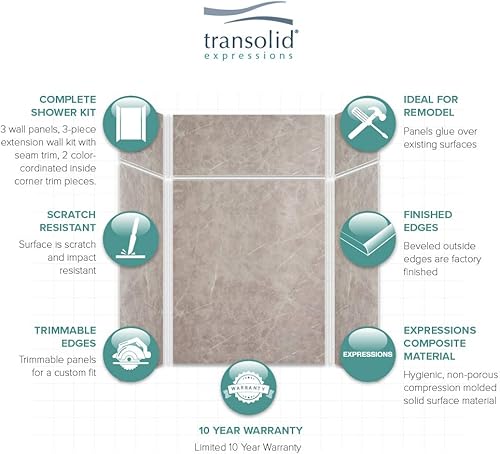 Miniatura 202 de Transolid EWKX483696-41 Expressions - Kit de pared de ducha de 6 paneles con extensión, 36 pulgadas de largo x 48 pulgadas de ancho x 96 pulgadas