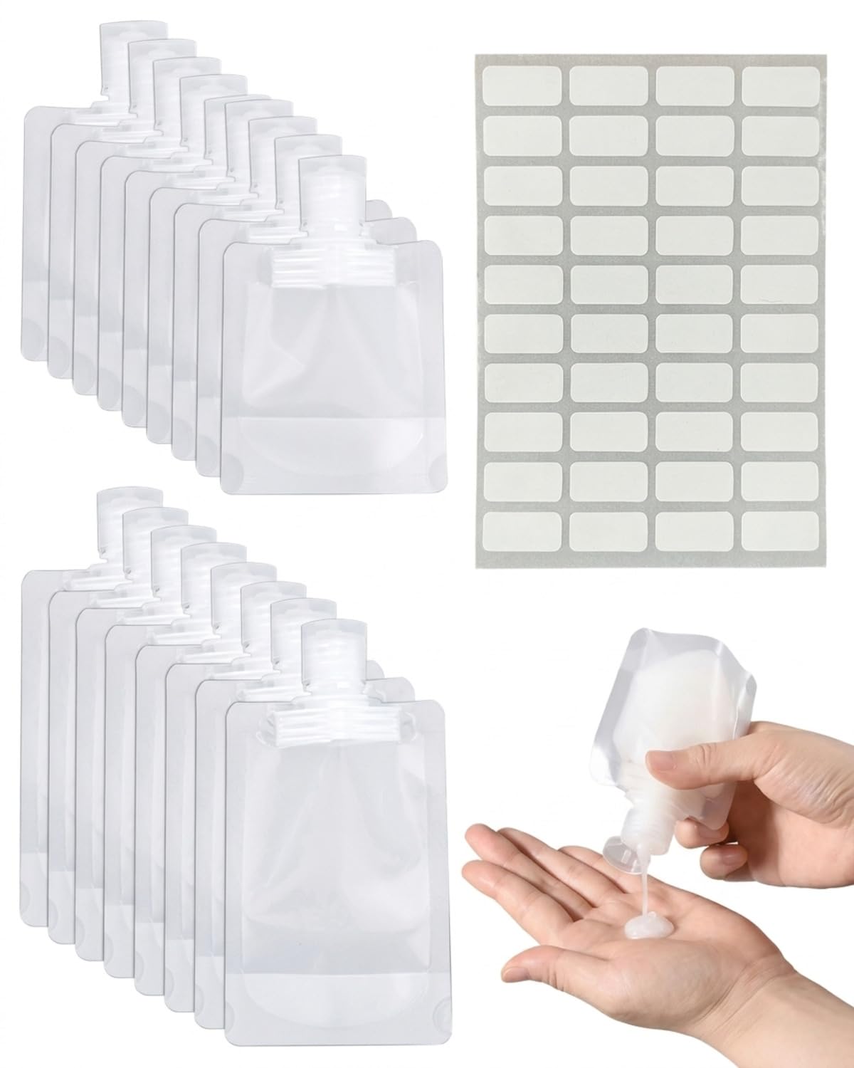 20 bustine ricaricabili, riutilizzabili e a tenuta stagna, ideali per trasportare shampoo e lozioni nel bagaglio a mano;dotate di etichette; formato da viaggio compatto e leggero (30/50 ml)