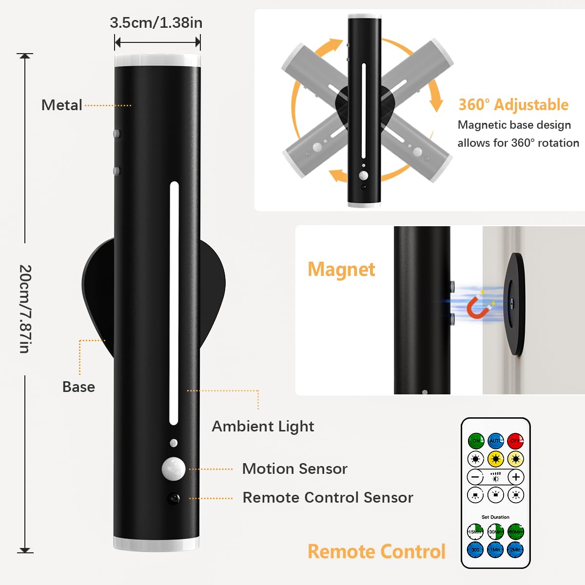 2 Applique LED Da Parete Ricaricabili Hapfish - Sensore Movimento, 3000mAh, Telecomando, 360° Regolabili, Per Interni/Esterni - Foto 6