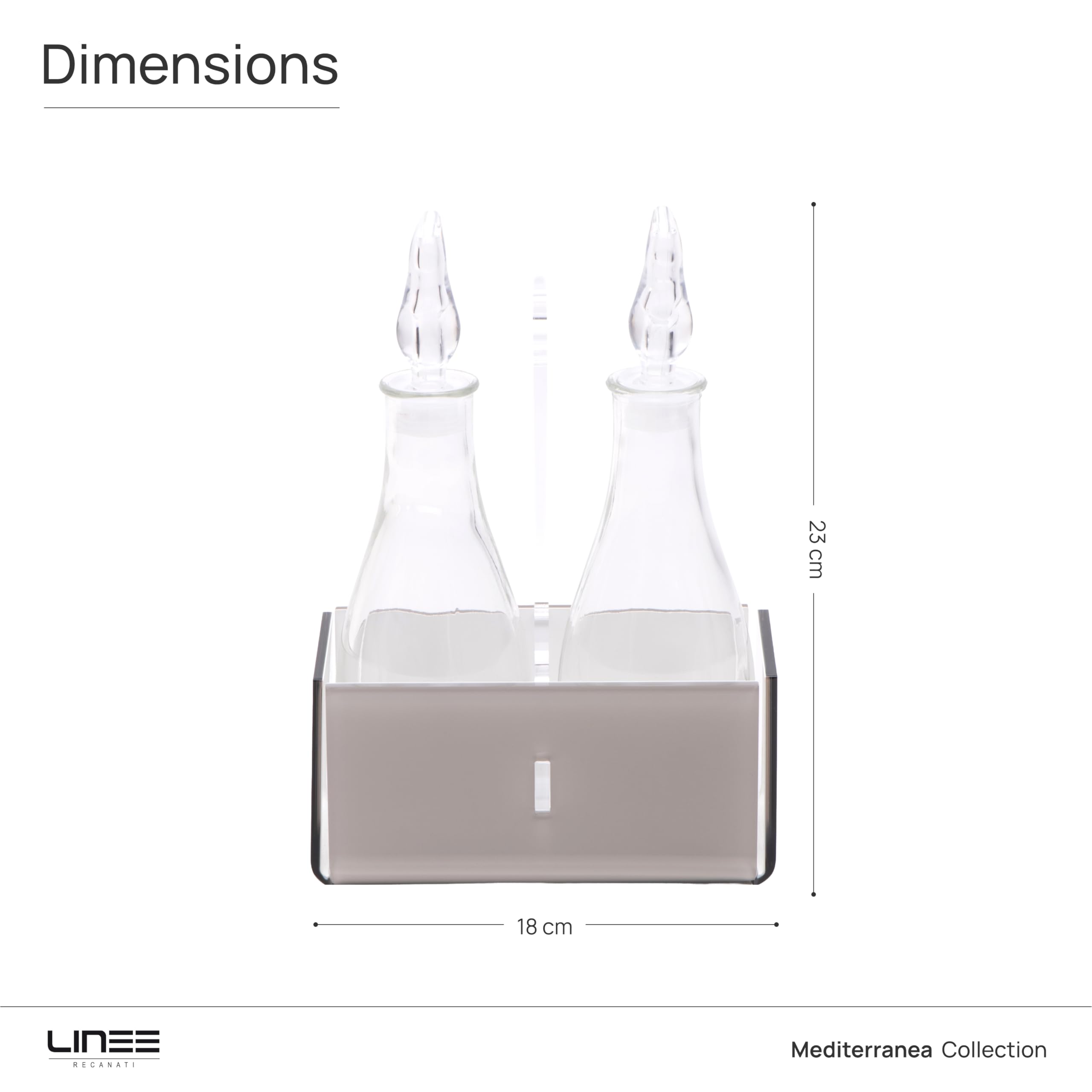 LINEE Recanati MEDITERRANEA Porta Olio e Aceto – Set Condimento in PMMA e Vetro 18x10x23 cm – Eleganza Contemporanea per la Tavola – Made in Italy (Sabbia Trasparente/Bianco)
