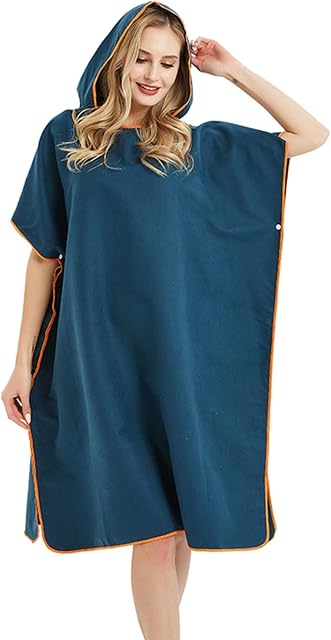 Changing Robe Surf Poncho Thick Microfiber Wetsuit Changing Towel Bath Robe Poncho with Hood for Outdoor Sports Men and Women (Navy)