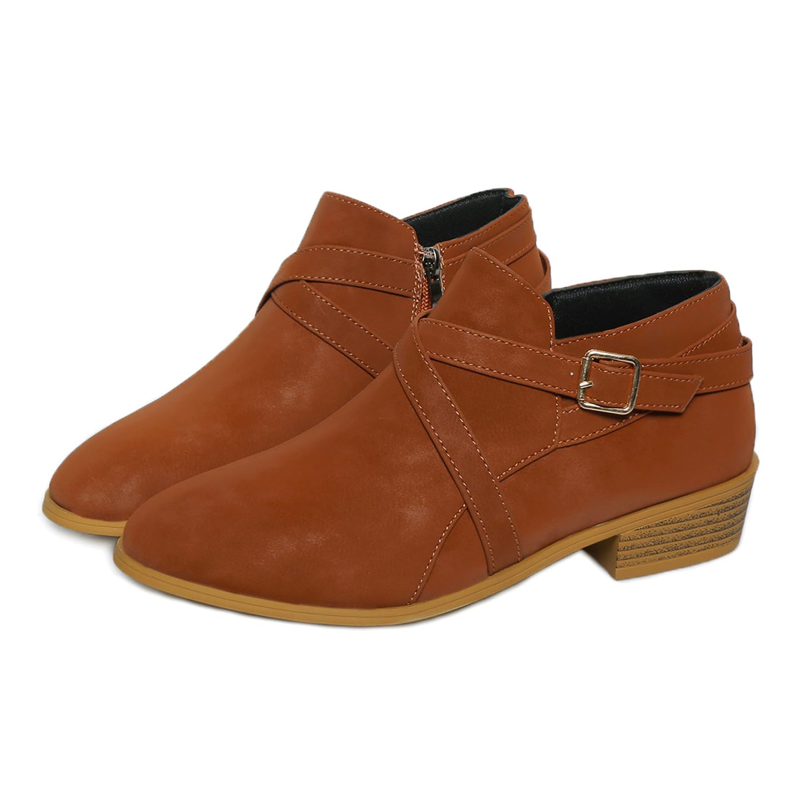 Womens Leather Buckle Strap Chunky Heel Ankle Boots with Side Zipper Fashion Comfortable Round Toe Low Stacked Heel