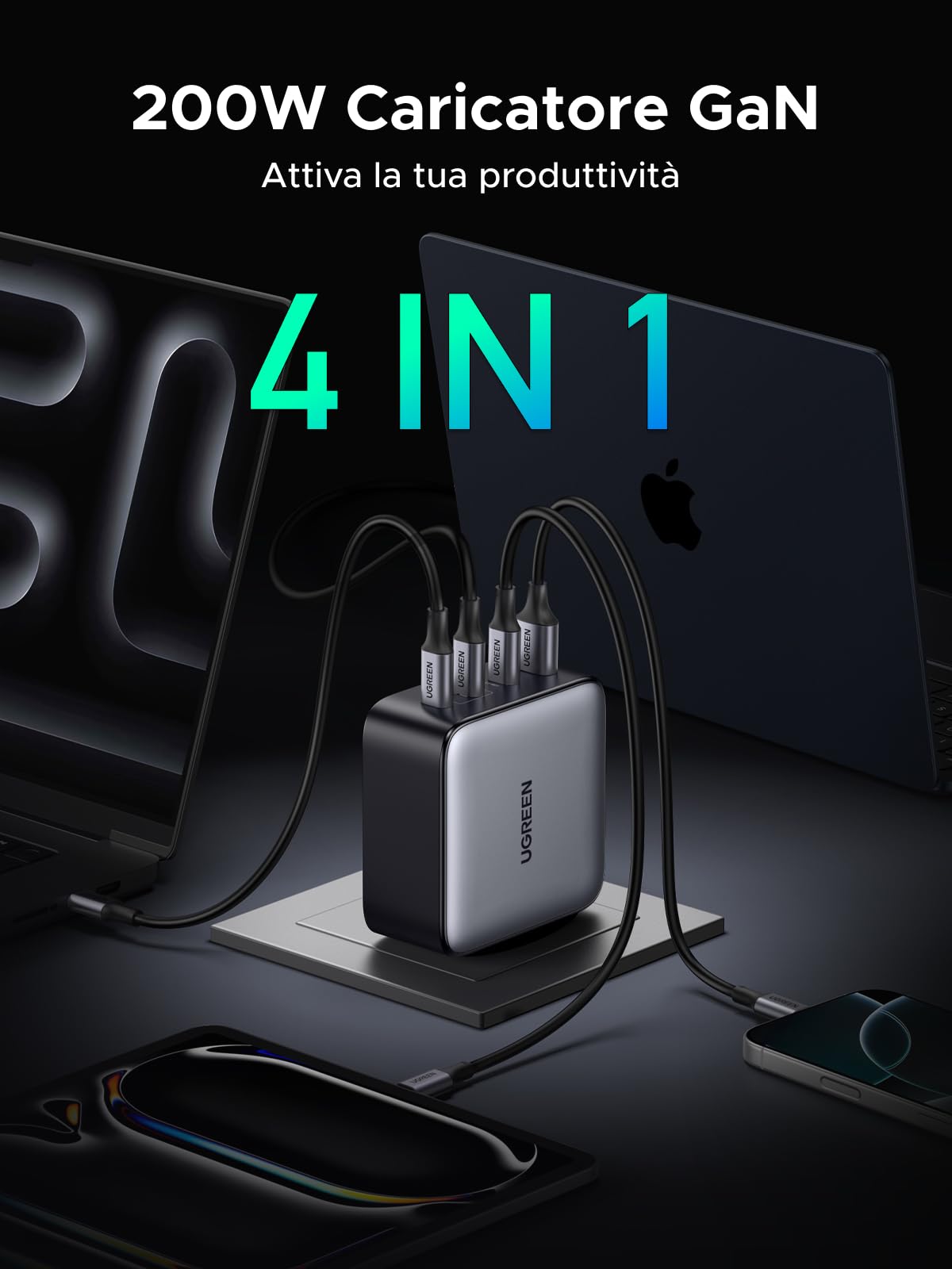 UGREEN Nexode 200W Caricatore USB C Carica Rapido 140W PD 3.1, Caricabatterie GaNInfinity Compatibile con iPhone 16 15 14 13 12, Galaxy PPS 45W S24 23 22 Ultra, Pixel, iPad, MacBook M4 M3