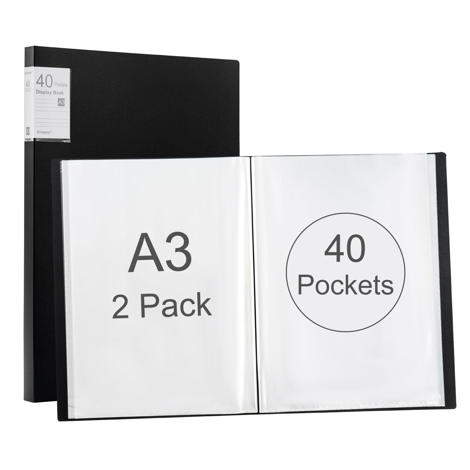 Srvnpioy A3 Display Book 40 Pockets, 2 Pack, 80 Sheet Capacity, Transparent Pockets