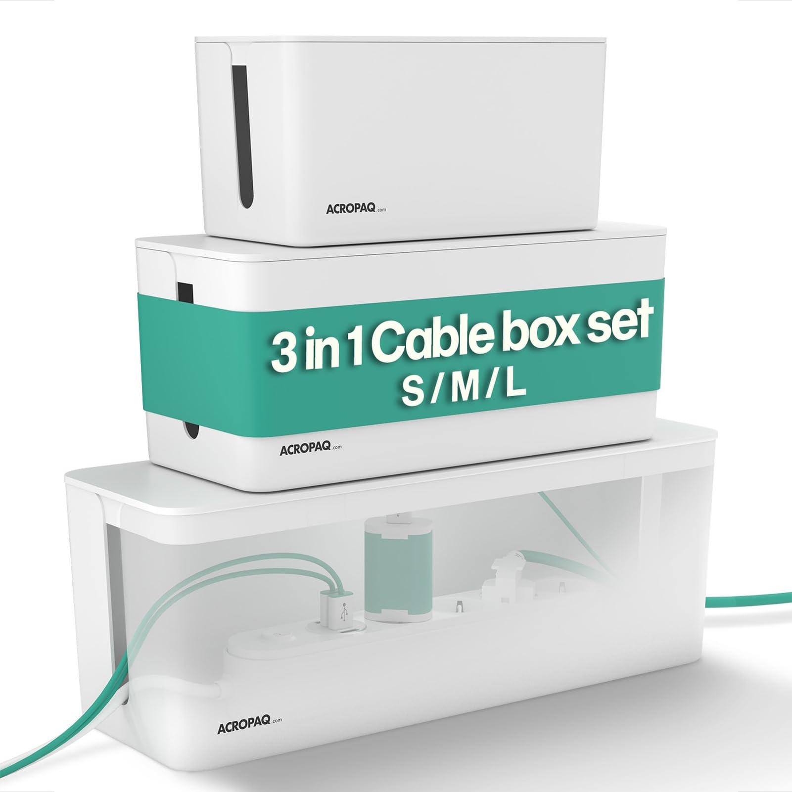 ACROPAQ Cable Box - 3-in-1 Set, Small (23.5 x 12 x 11.5 cm), Medium (32 x 13.2 x 12.7 cm), Large (40.6 x 15.6 x 13.4 cm), Plastic, White - Cable Management Box, Organizer — image 1