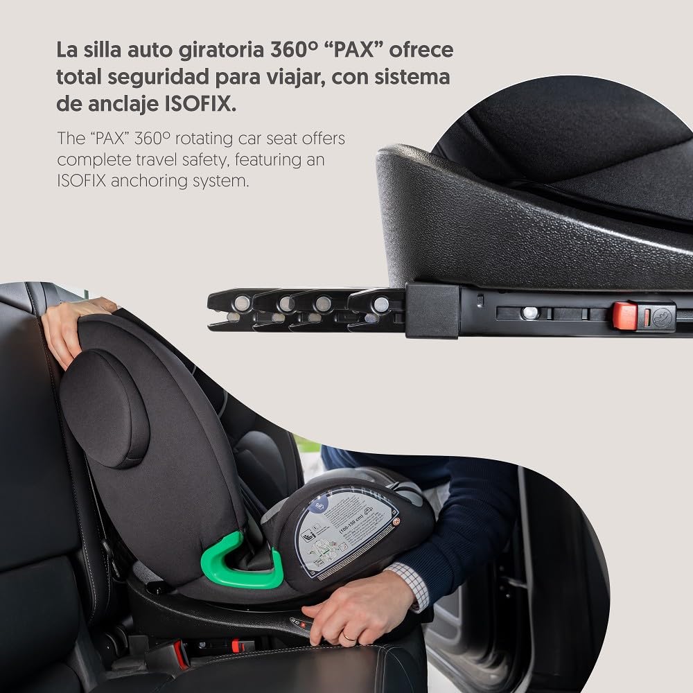 Interbaby Silla Coche Bebé PAX i-Size ISOFIX 360° Grupo 0+1+2+3 (Negro) | Silla auto giratoria 360 reclinable 40-150 cm, reductor recién nacido, protección lateral SPS, pata de apoyo