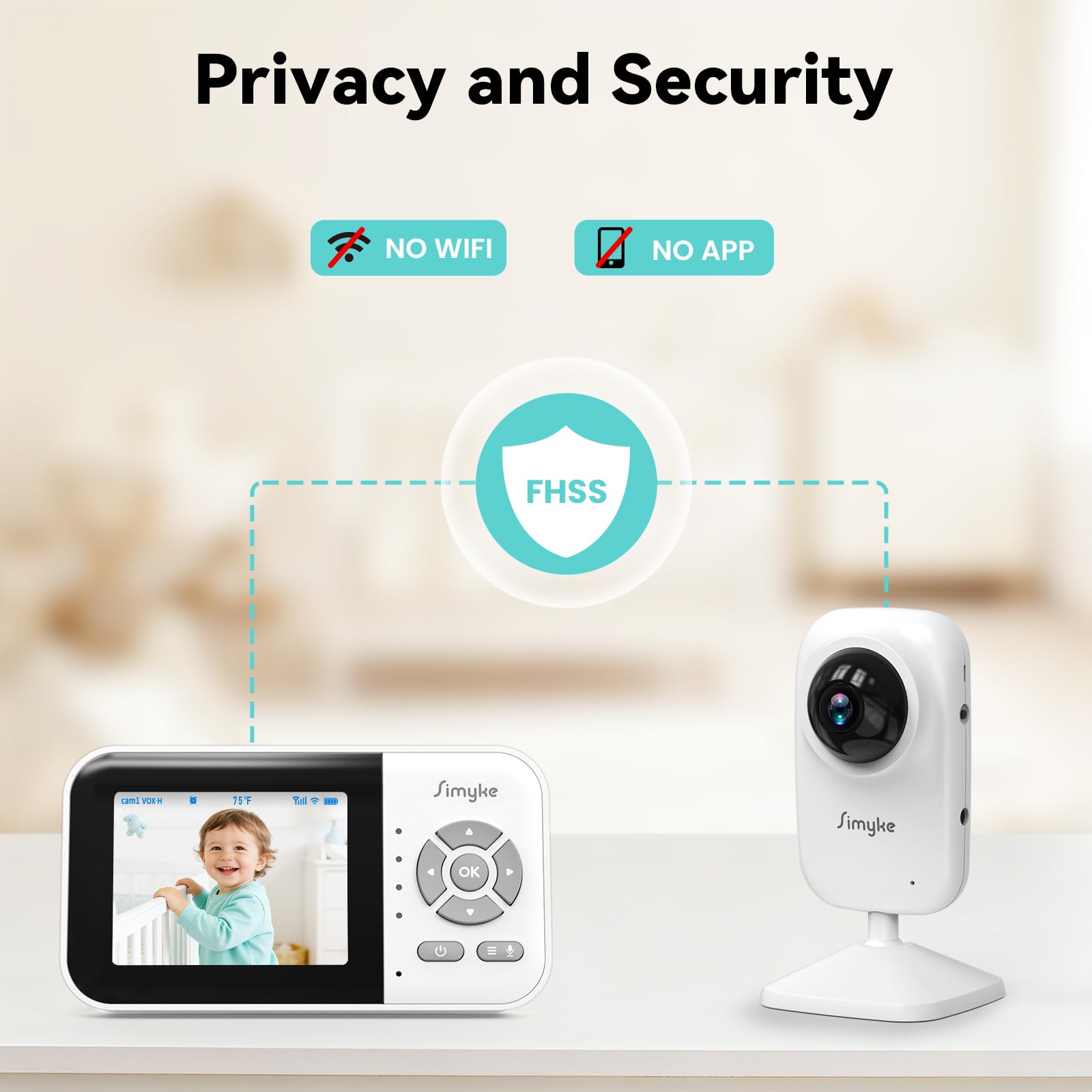 Simyke Baby monitor con fotocamera e schermo da 2,8 pollici, telecamera per bambini senza WiFi con modalità conversazione a 2 vie e VOX, visione notturna e sensore di temperatura, video baby monitor