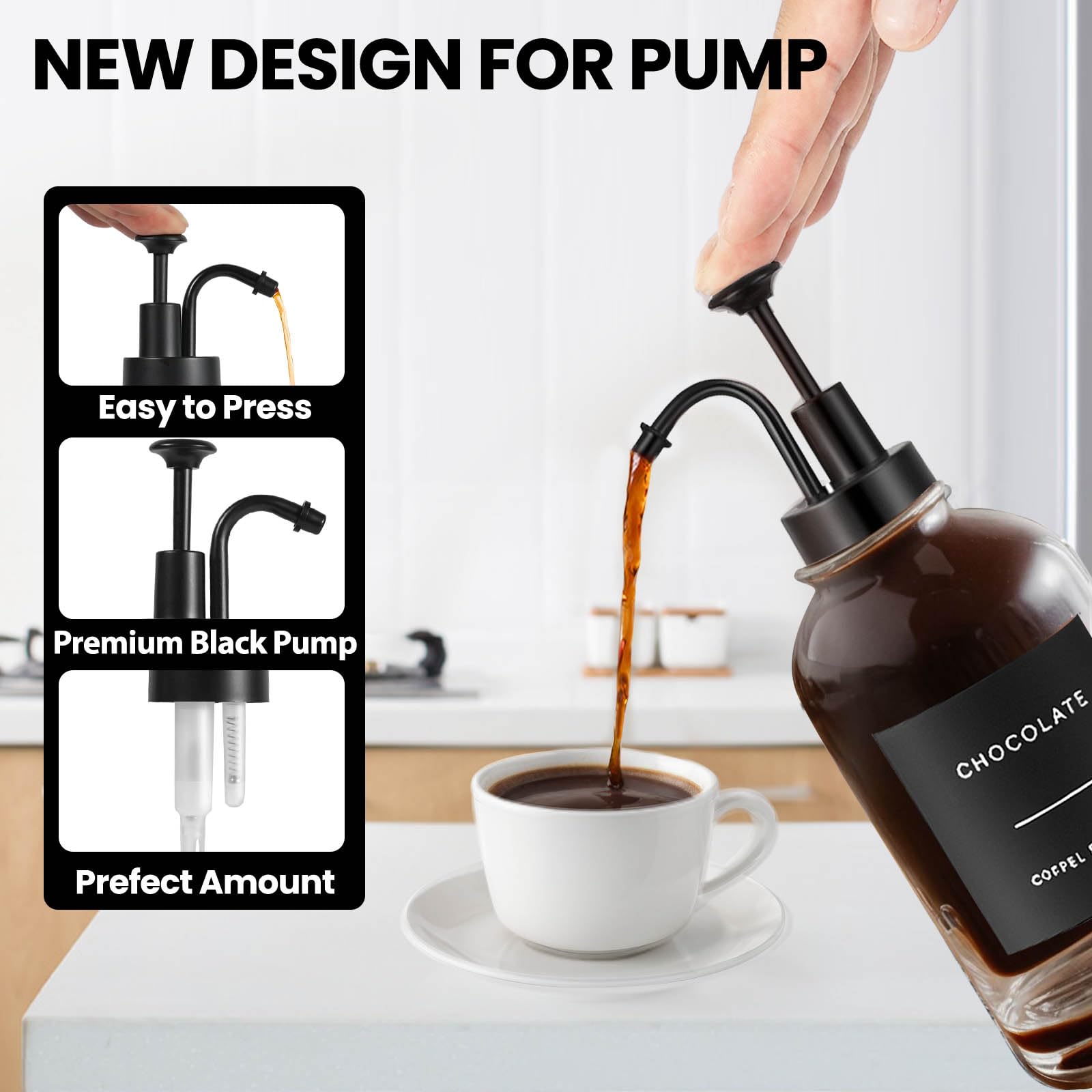 Sunal Kaffee Sirup Spender,Set of 3 Glas Sirup Spender,500ml/16,9 oz Schwarz Honig Pump Flasche mit 36 Wasserdichten Etiketten,1 Tray und 1 Silikon Trichter für Küche Kaffee Bar