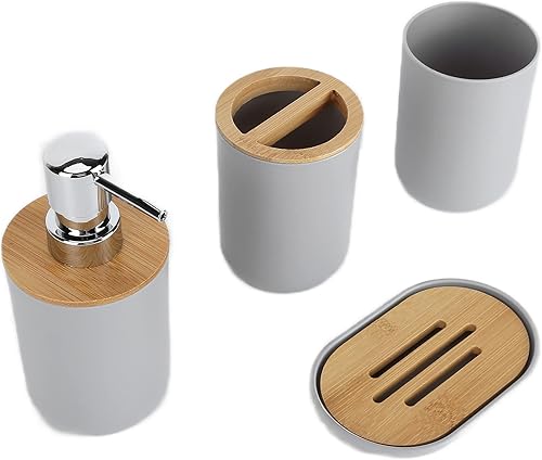 Miniatura 8 de Garosa Juego de 4 accesorios de baño de bambú, impermeable, plástico para cepillo de dientes, dispensador de loción, caja de jabón, taza de dientes
