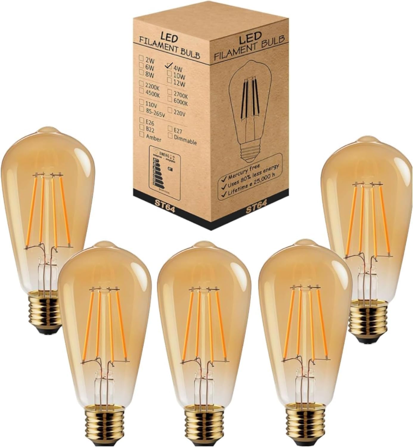 LEDSone Dimmable Vintage LED Edison Bulbs 4W Replacement Light Bulb Warm White ST64 Antique LED Filament Bulbs with 80+ CRI, E26 Base Clear Amber Glass (Pack 5)