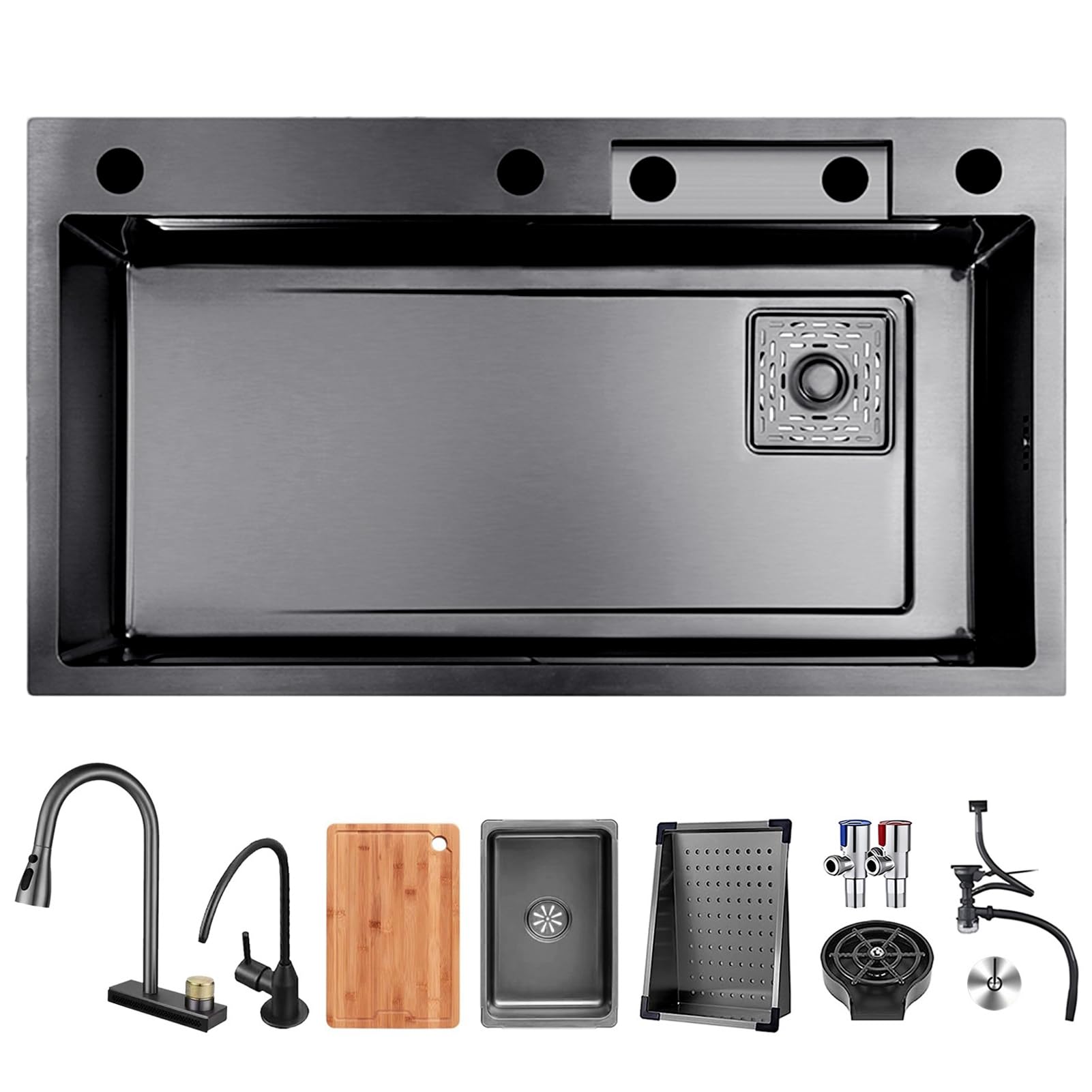 ZQFHSX 65 x 50 cm, black waterfall kitchen sink, 1 basin, stainless steel rectangle, with pull-out tap, small cup drain sets, bar sink