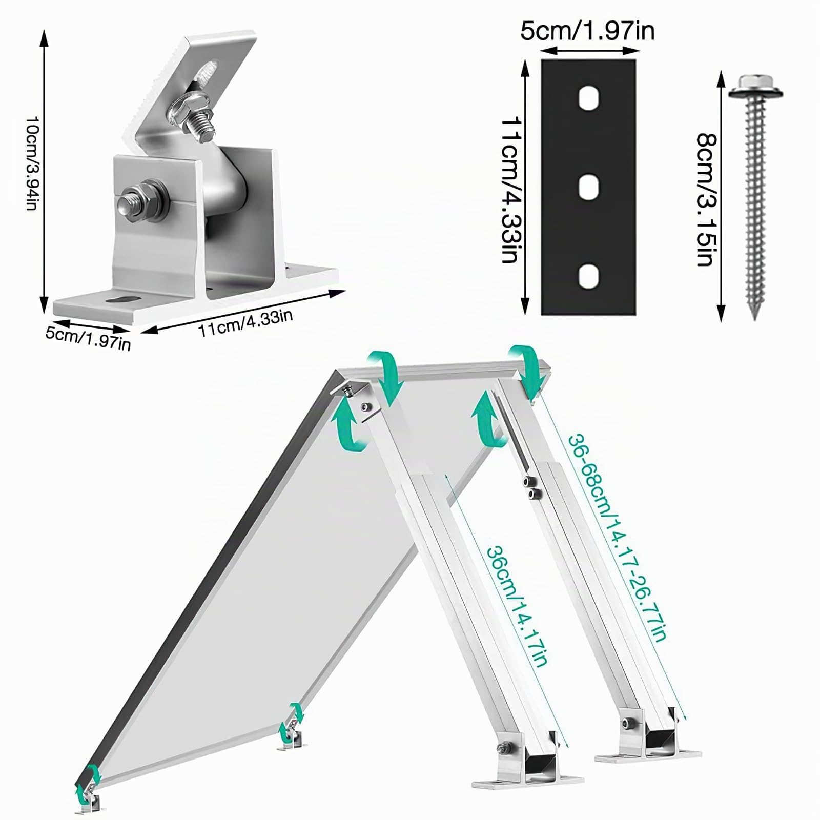 Fissaggio pannello solare, supporti per pannelli solari, tetto piatto in PV, 15° – 30°, in alluminio, set di montaggio 36 cm – 70 cm, regolabile individualmente per camper, barche tetti（1 set） (set 2)
