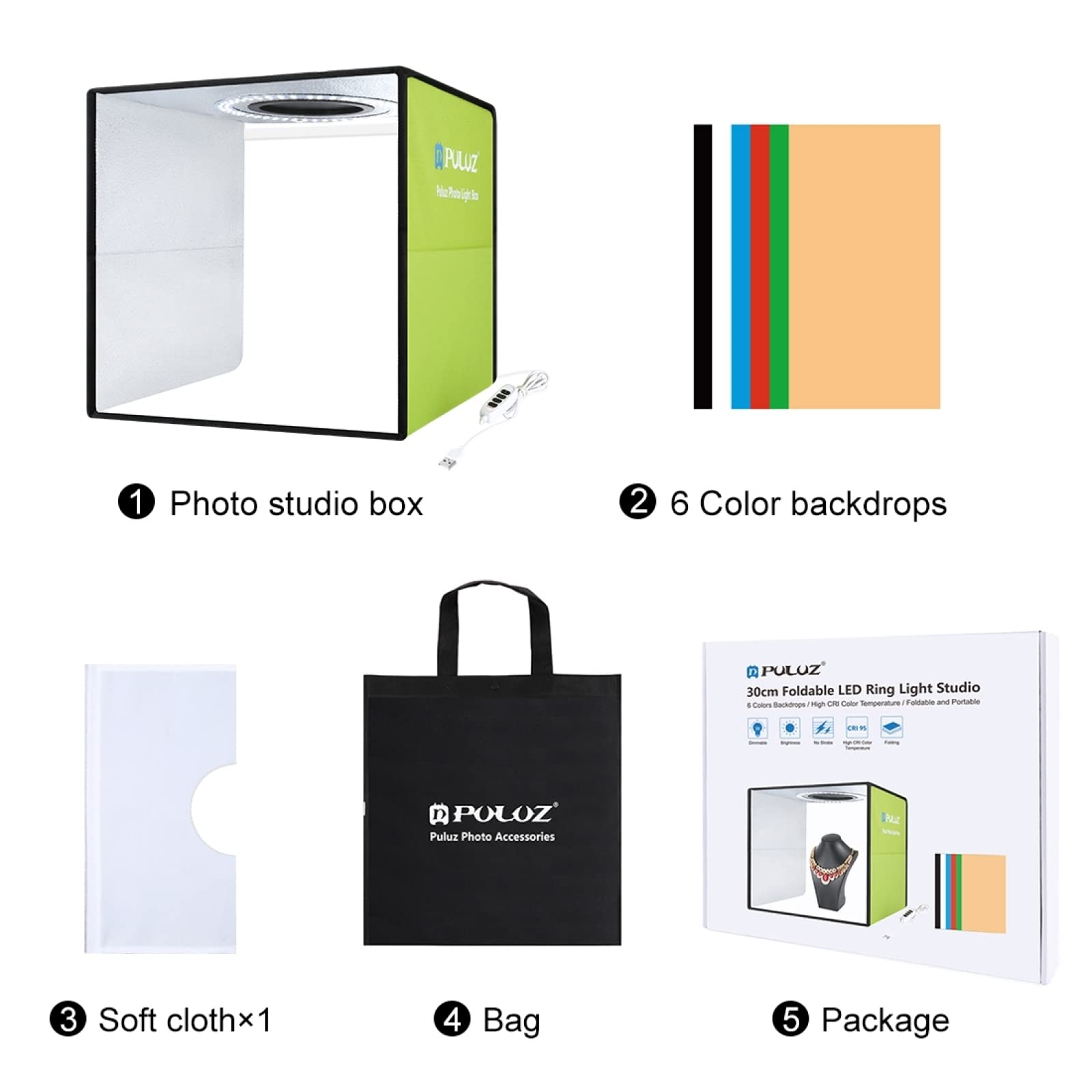 PULUZ Mini Photo Studio Box 30cm Portable Boite a Lumiere Photo Studio pour Tente Photo Photographie Produit avec 112 Perles LED et 6 Couleurs PVC Fonds de Photos