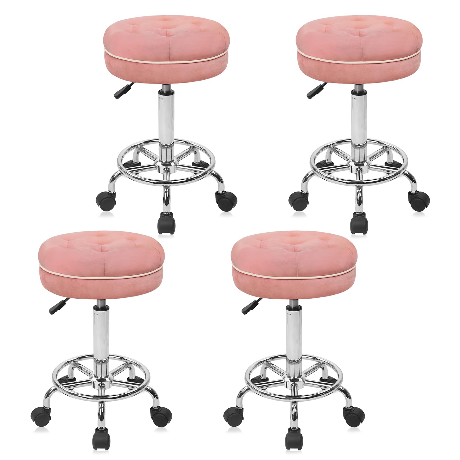KLASIKA Velet Rolling Bar Stool with Wheels, Tall Drafting Stool with Adjustable Height and Footrest, Multi-Purpose Office Desk Chair for Home Kitchen Shop Work, Pink (4PK)