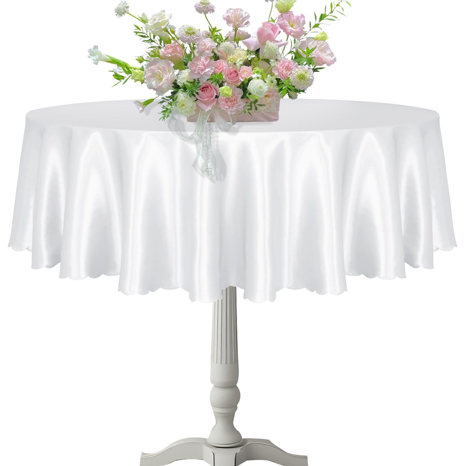 Photo 1 of KKJIAF 1 Pack 60 Inch / 5ft Round Table Cloth, White Overlay Round Satin Table Cover, Silky Satin Dining Tablecloths for Wedding Buffet Parties Banquet Decoration
