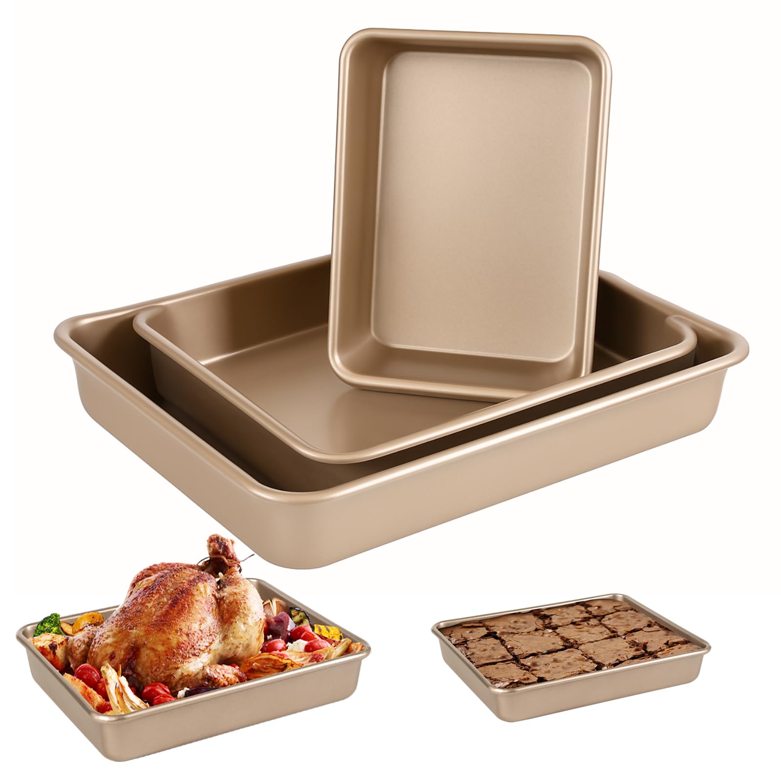 Tiefes Backformen-Set, 3-teilig, rechteckig, für Kuchen und Bräter, goldfarben | Tiefe Backformen, 3er-Set, 2,9/11/33 cm, antihaftbeschichtet, stapelbar, tiefes Ofenblech, robustes Backgeschirr für Brownies