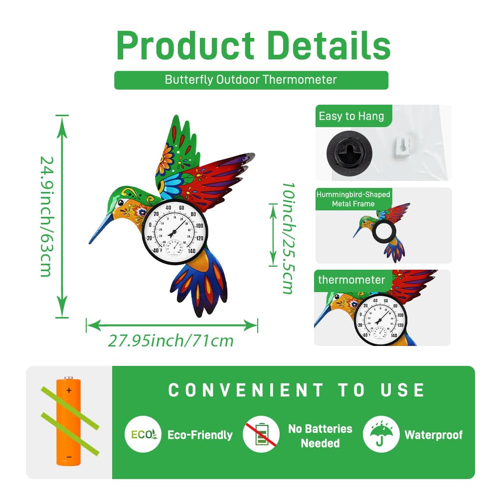 Termometro a forma di colibrì per interni ed esterni, con umidità, senza batteria, facile da leggere, grande numero, 55,9 cm, decorativo per patio, cortile, giardino, soggiorno