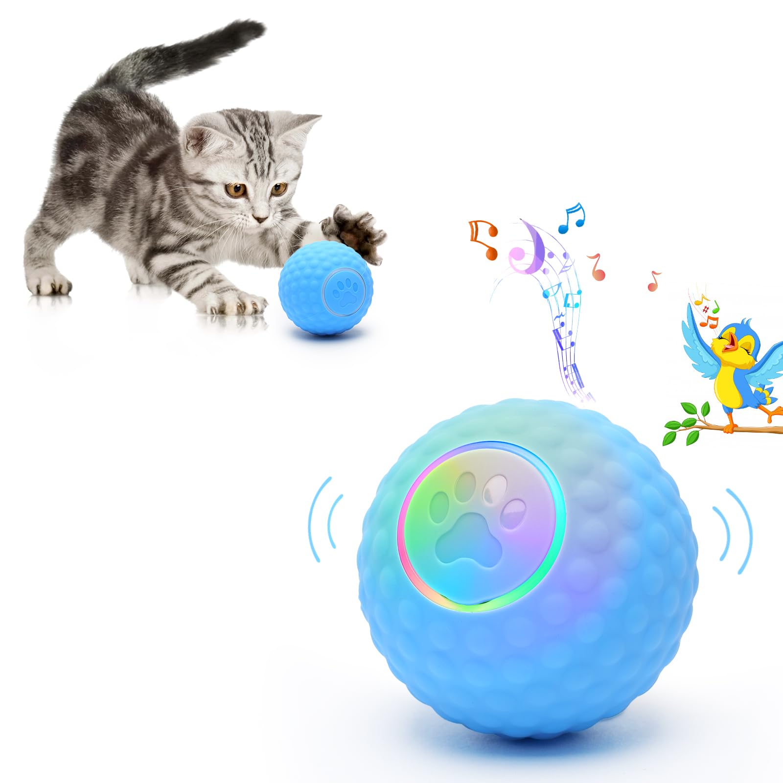 Cat Toys Interactive For Indoor Cats, Motion Activate Automatic Cat Toy, Cat Ball Toy With Bird Sound And Lights, Blue