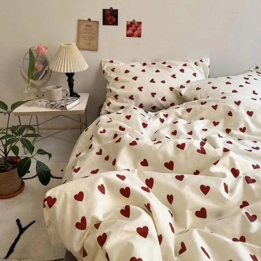 Housse de couette réversible à motif cœurs parure de lit 240x220 microfibre avec taies