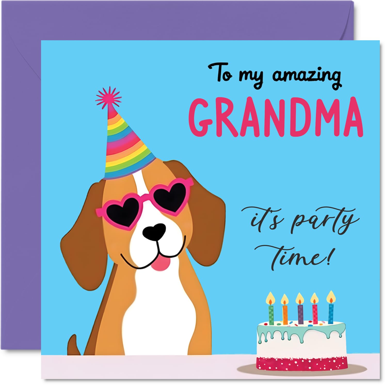 Grandma Birthday Card - Doggy Party - Happy Birthday Card for Grandma from Grandson Granddaughter, 145mm Dog Lovers Bday Greeting Cards