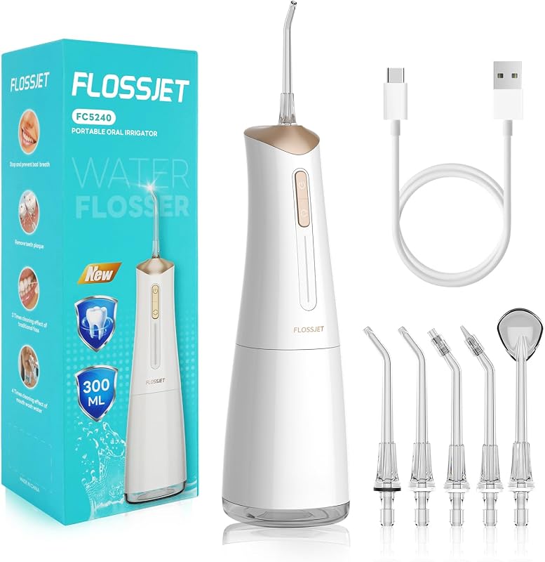 Irrigador bucal inalámbrico con hilo dental de agua con 300 ml, 5 puntas, 4 modos, cargador USB, limpiador de riego de viaje portátil, Irrigador dental eléctrico IPX7 para limpieza de dientes (blanco) | 4 modos, 5 puntas de chorro, tanque de agua desmontable de 300 ml, irrigador dental eléctrico IPX7 para encías sensibles y cuidado de aparatos ortopédicos