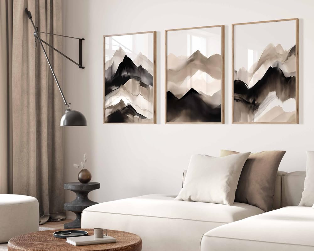 Pixie Posters Multi Colour Neutral Abstract Wall Art Set Of 3 Beige Black Frameless Posters (A2 Size 42Cmx59.4cm)