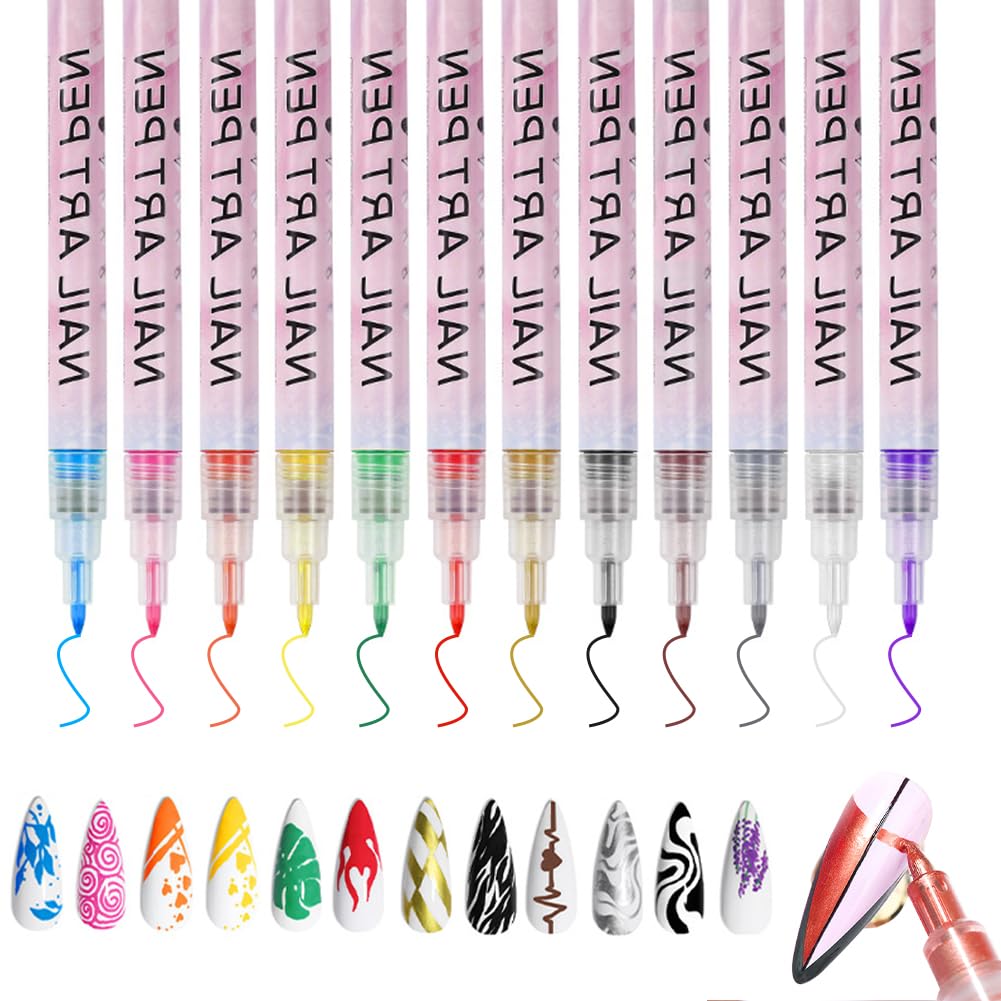 12 Colours 3D Nail Art Pen Set, 12 Pieces Nail Tip Nail Polish Pen, Graffiti Dotting Pen Flower Pen Drawing Painting Liner for DIY Nail Art, Beauty, Manicure Tools