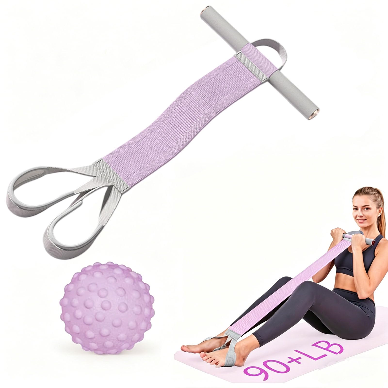 Resistance Band with Handles & Foot Loop, 90lb Fabric Yoga Stretch Strap for Home Workout & Pilates, Includes Spiky Massage Ball – Full Body Fitness Equipment