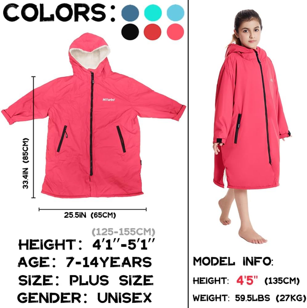 Hiturbo Warm Kids Swim Parka: Waterproof Changing Robe - Oversize Swimming Coat - Hooded Surf Poncho - Thick Lining (7-14Y) - Image 2