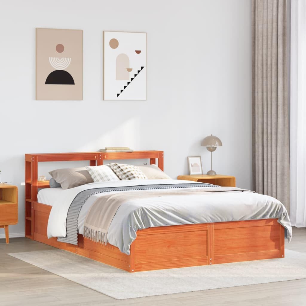 Łóżko z litego drewna sosnowego z zagłówkiem w kolorze brązowym, 135 x 190 cm, stabilna rama łóżka ze stelażem, wolnostojące, z półkami, idealne do spokojnego snu i sypialni