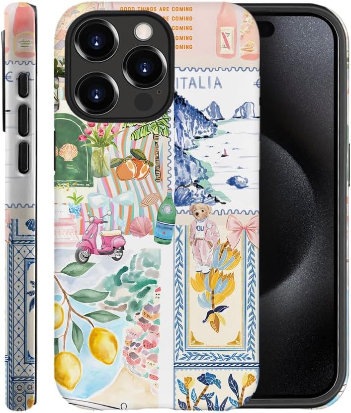 Case for iPhone 15 Pro,Frosted Case for Women Girls,Drop Scratch Protective Cover-Italian Summer Collage Coastal