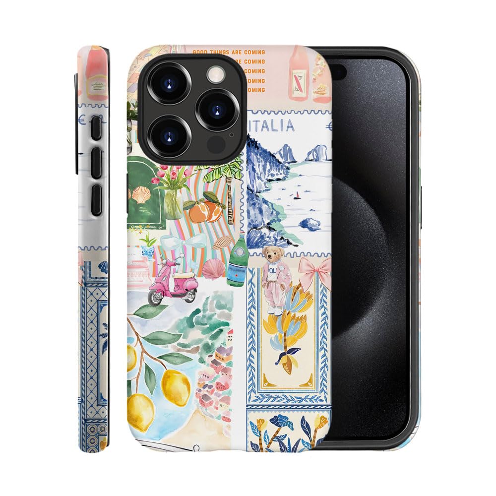 Case for iPhone 15 Pro,Frosted Case for Women Girls,Drop Scratch Protective Cover-Italian Summer Collage Coastal