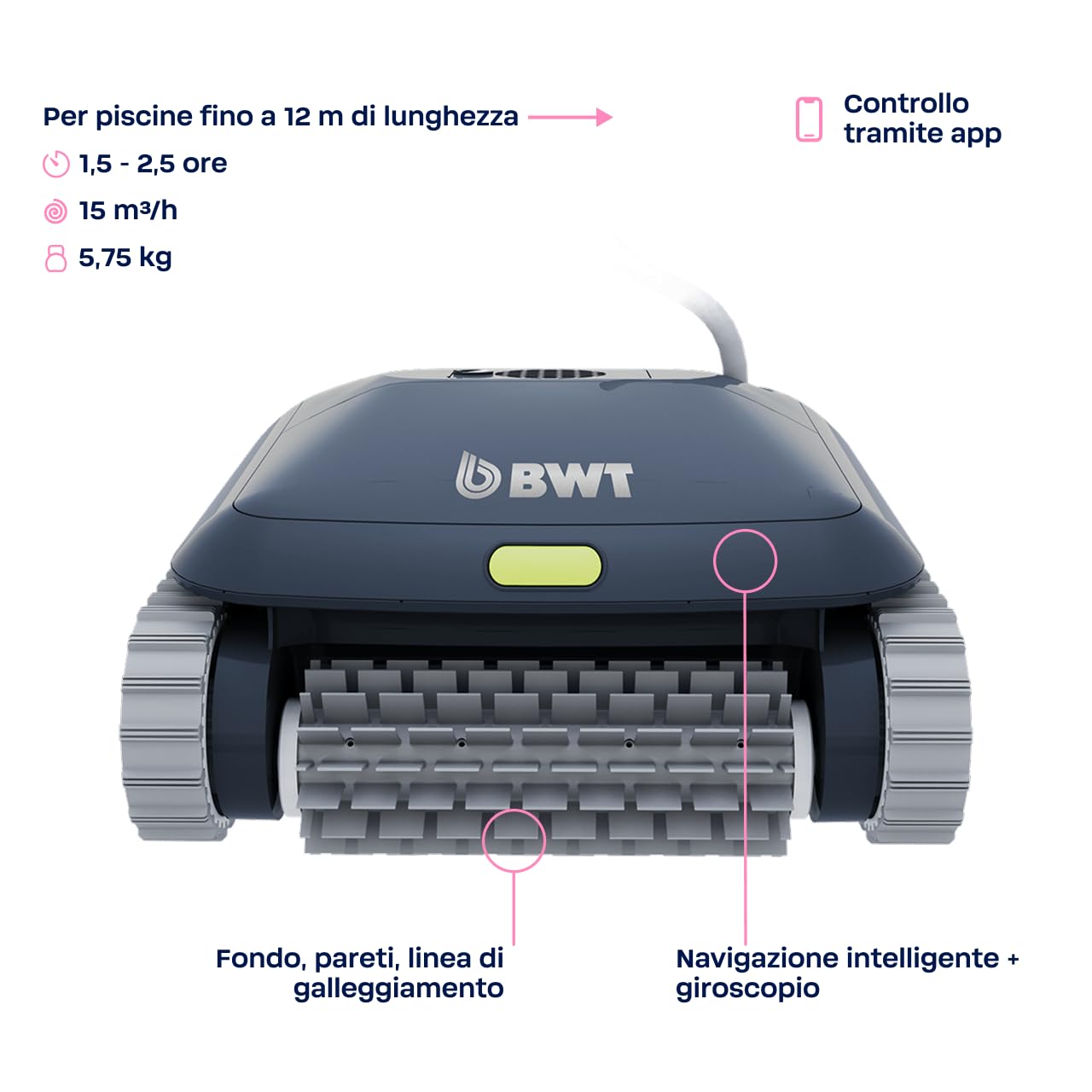 BWT Robot per Piscina ES 800 | per Pavimento e Parete | aspiratore Piscina | Robot con Cavo | aspiratore Superficiale Piscina | Lunghezza Cavo 18 m | Peso Leggero 5,75 kg | aspiratore per Pavimenti |