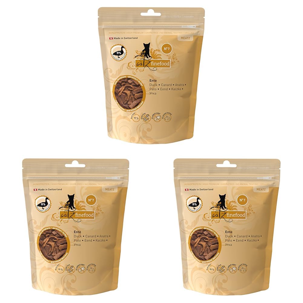catz finefood Meatz Katzen Leckerlies Ente N° 7 - knusprig gegrillte Streifen aus Entenfleisch - mit Aloe Vera für die Darmflora - Katzensnack ohne Zucker, getreidefrei, 45g (Packung mit 3)