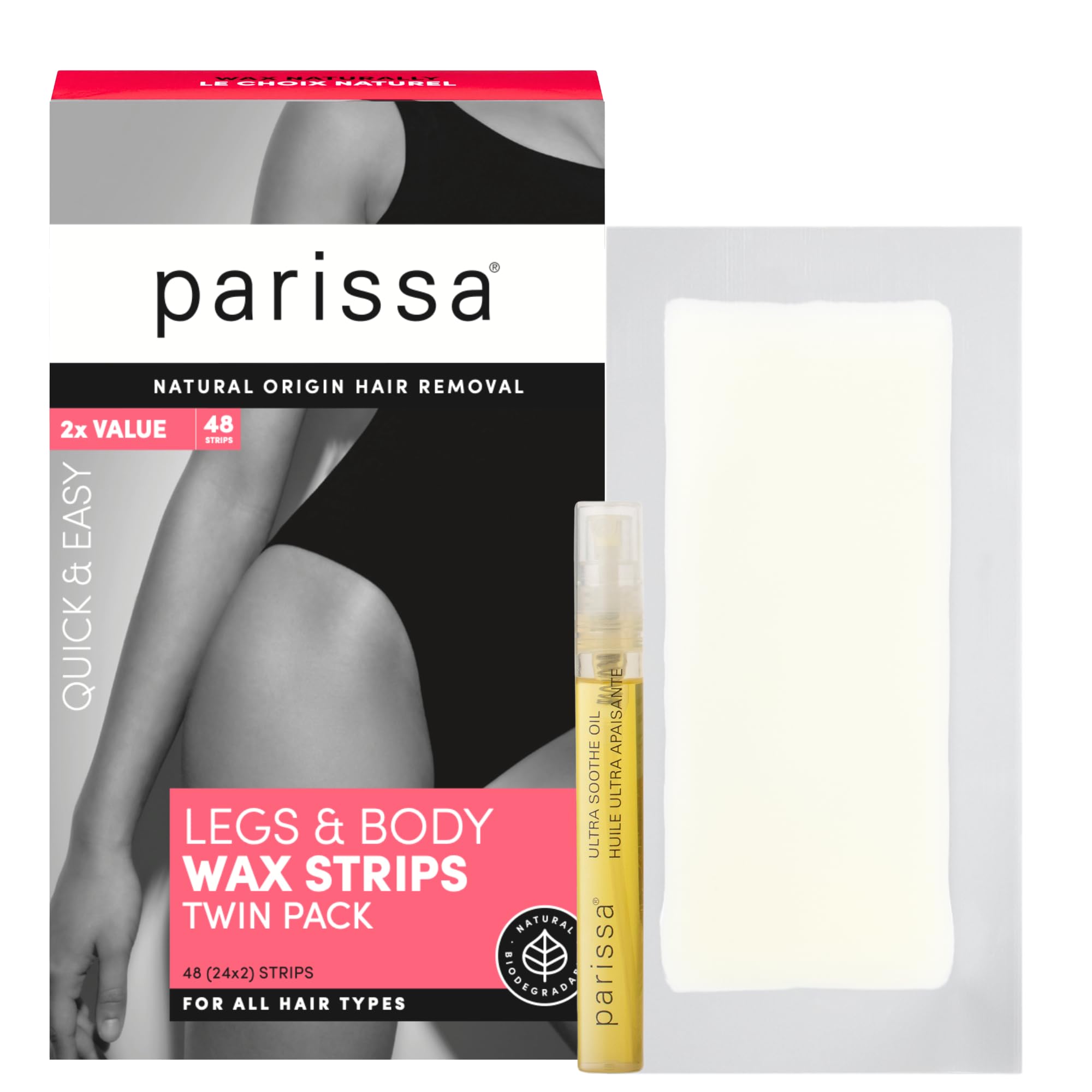 Natural Legs & Body Wax Strips | Large Ready-to-Use Strips, Beginner-Friendly & Gentle on Sensitive Skin | Includes Post-Wax Ultra Soothe Oil | 48 Strips (24 x 2)