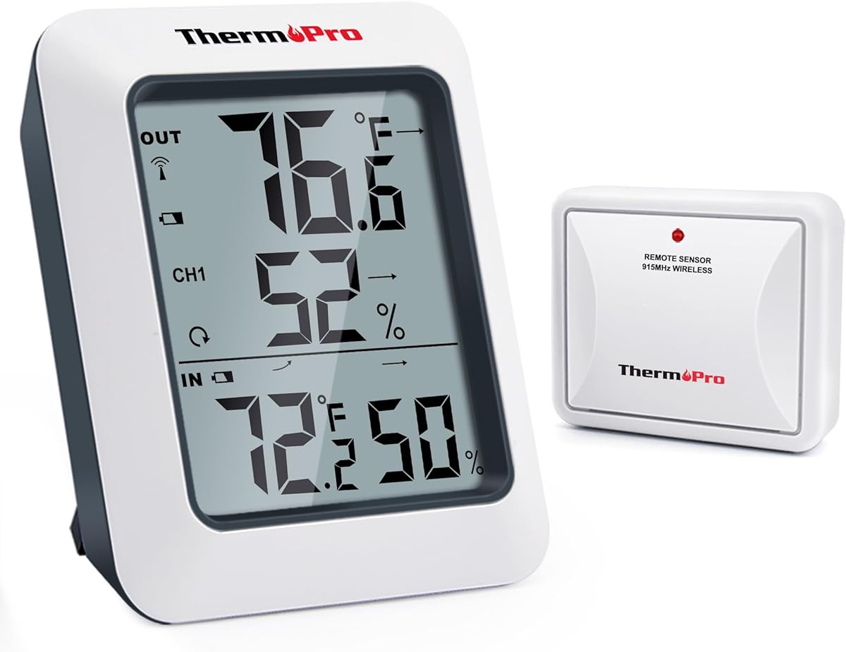 ThermoPro TP60 Digital Hygrometer Outdoor Thermometer Wireless Temperature and Humidity Gauge Monitor Room Thermometer with 500ft/150m Range Humidity Meter Temperature Indicators