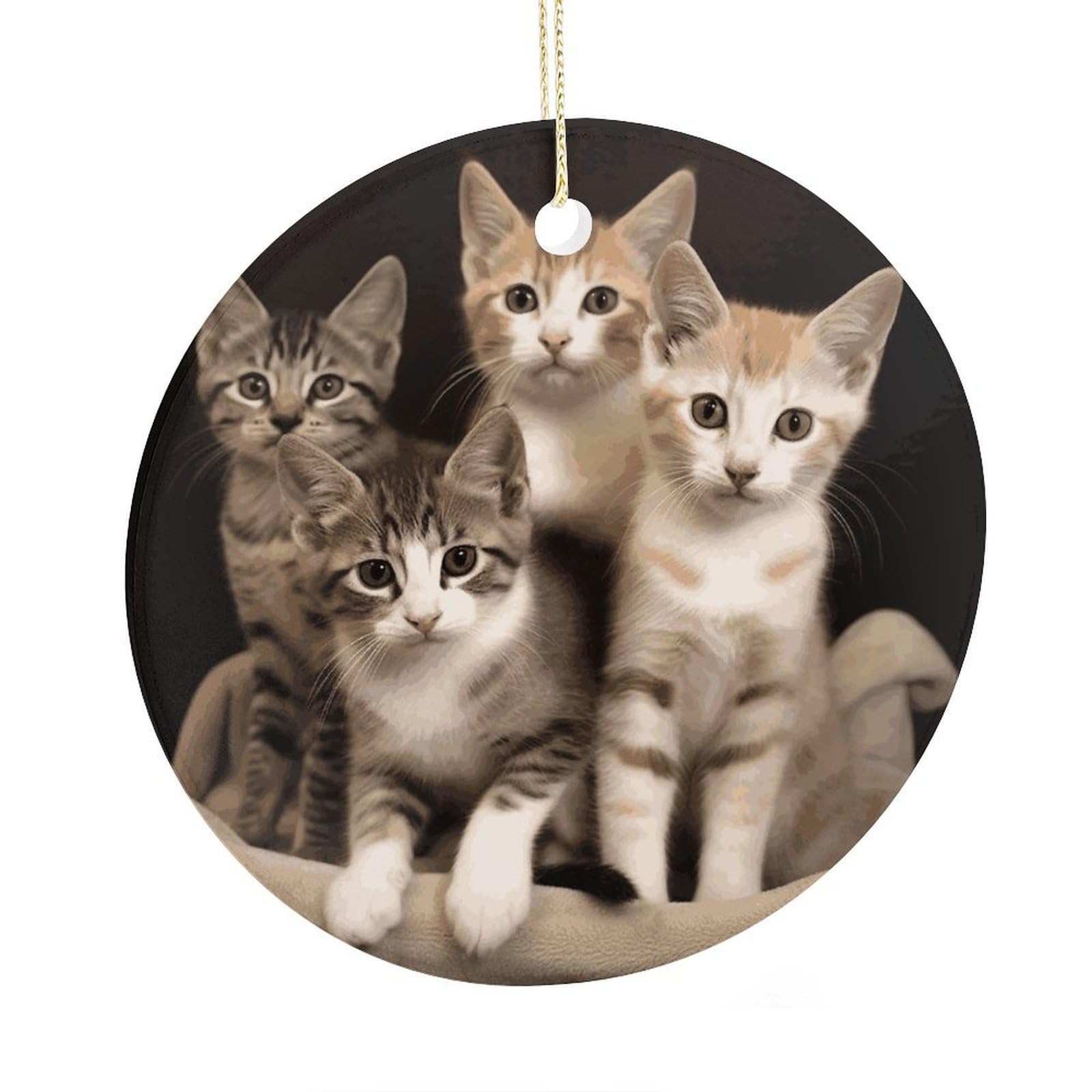 Fekiloot Style Kittens Family Cats Christmas Ornaments 2.9 Inch Round Ceramic Ornament Keepsake Thank You Gifts For Office, Room, Home - Holiday Present Ideas