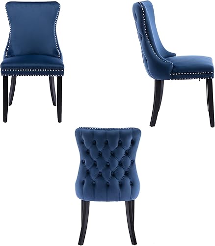 Miniatura 7 de Juego de 4 sillas de comedor tapizadas de terciopelo con respaldo de ala, sillas decorativas azules, 4 sillas de comedor con patas de madera maciza