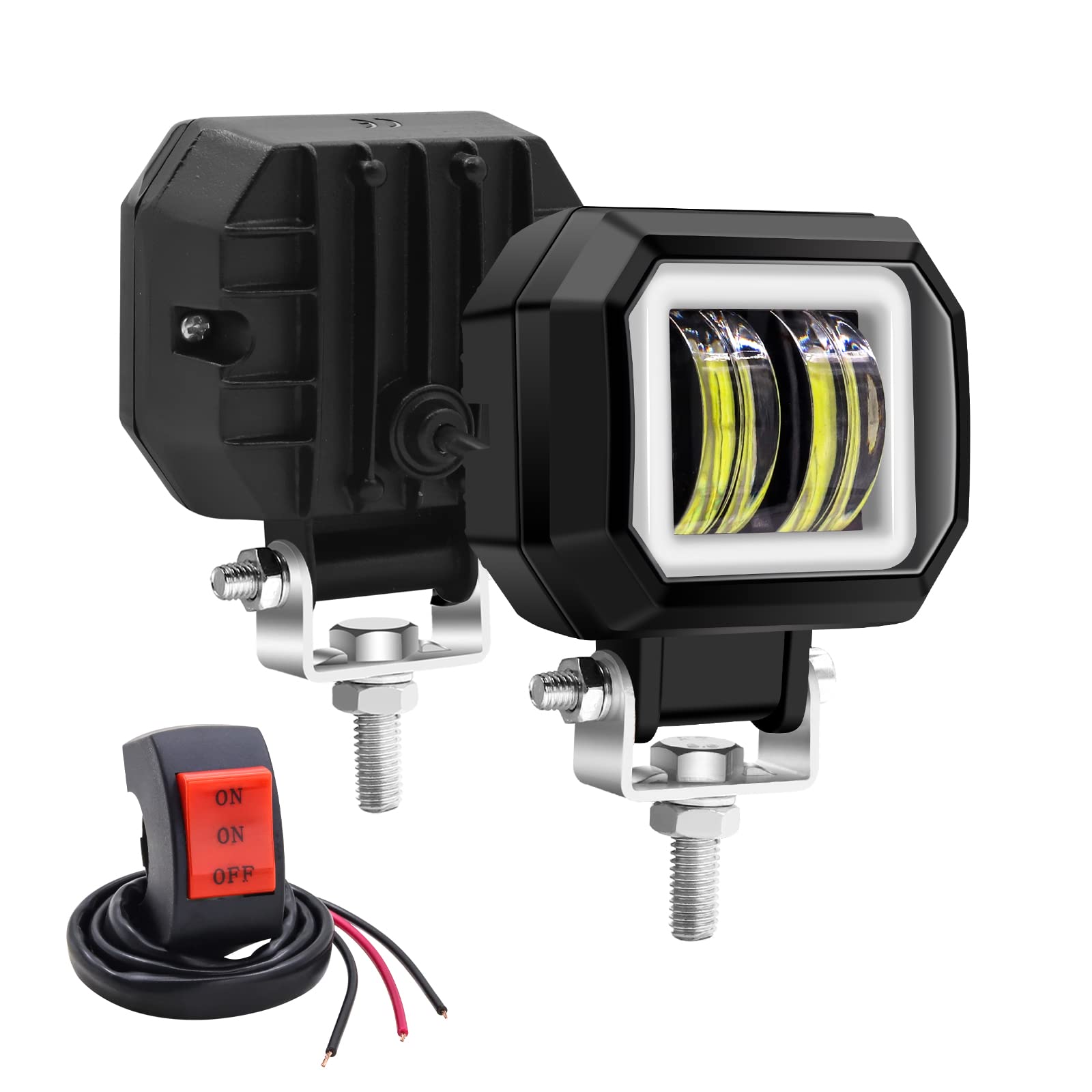 Biqing Faretti LED Moto bianca Angel Eyes,3 Pollici Quadrato 20W LED Fuoristrada Lampada da Lavoro 12V/24V Faretti Moto Supplementari Luce Ausiliaria DRL Con Interruttore Motos 22mm