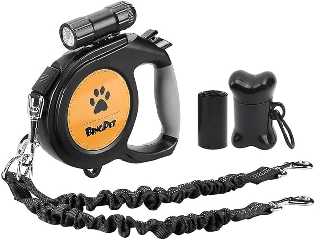 BINGPET Retractable Dog Lead 8m with Detachable Flashlight and Poop Bag Dispenser, Dog Extension Lead Heavy Duty for Small Medium Large Dogs up to 100lbs