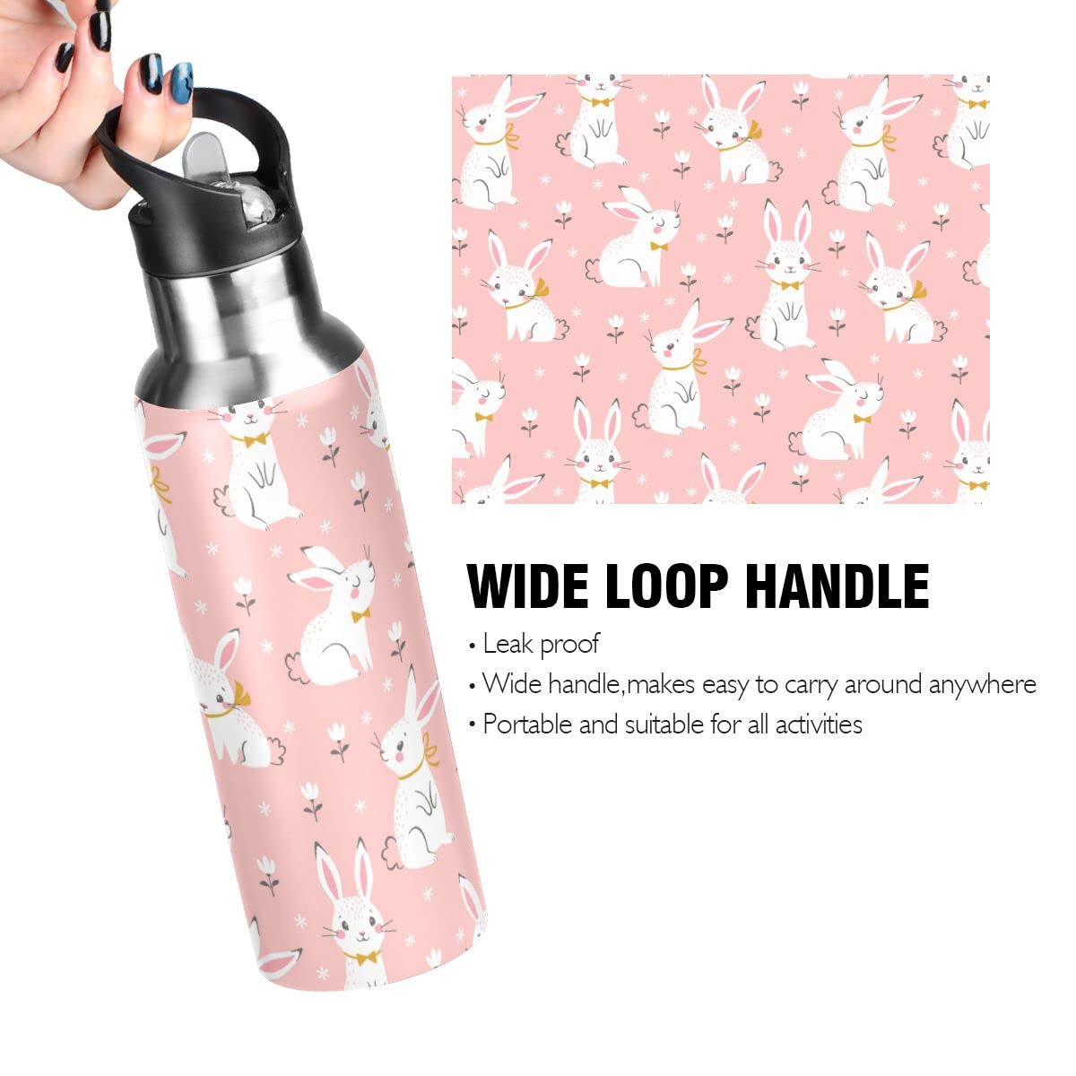 Edelstahl-Wasserflasche mit Strohhalm, weißer Kaninchen rosa isolierte Trinkflasche Sport Wasserflasche für Kinder Erwachsene, auslaufsicher, 1L