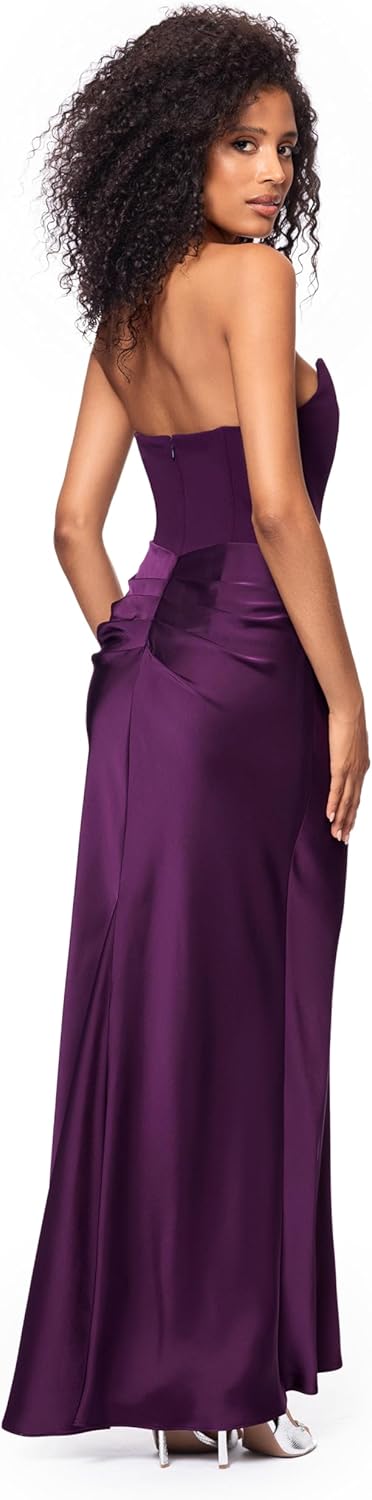 Betsy & Adam Women's Floor-Length, Strapless, Boned Corset Detail, with Ruched Skirt, Plum, 12 - Image 3